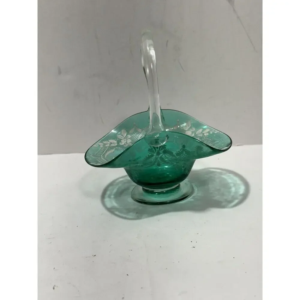 Vintage Murano Moser Etched Scenery Green Blown‎ Art Glass Basket Clear Handle